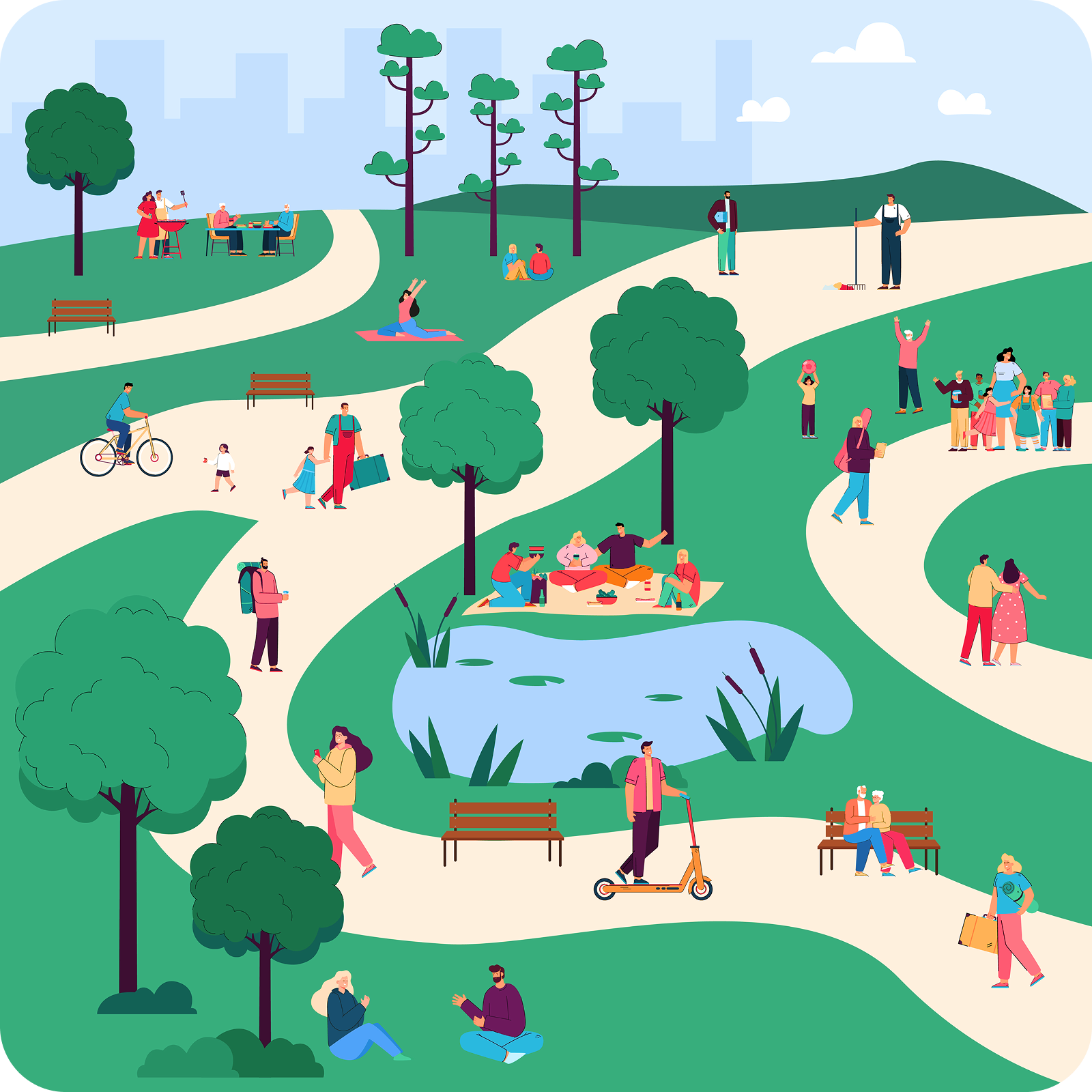 Men and women walking, having picnic and doing exercises in park 1