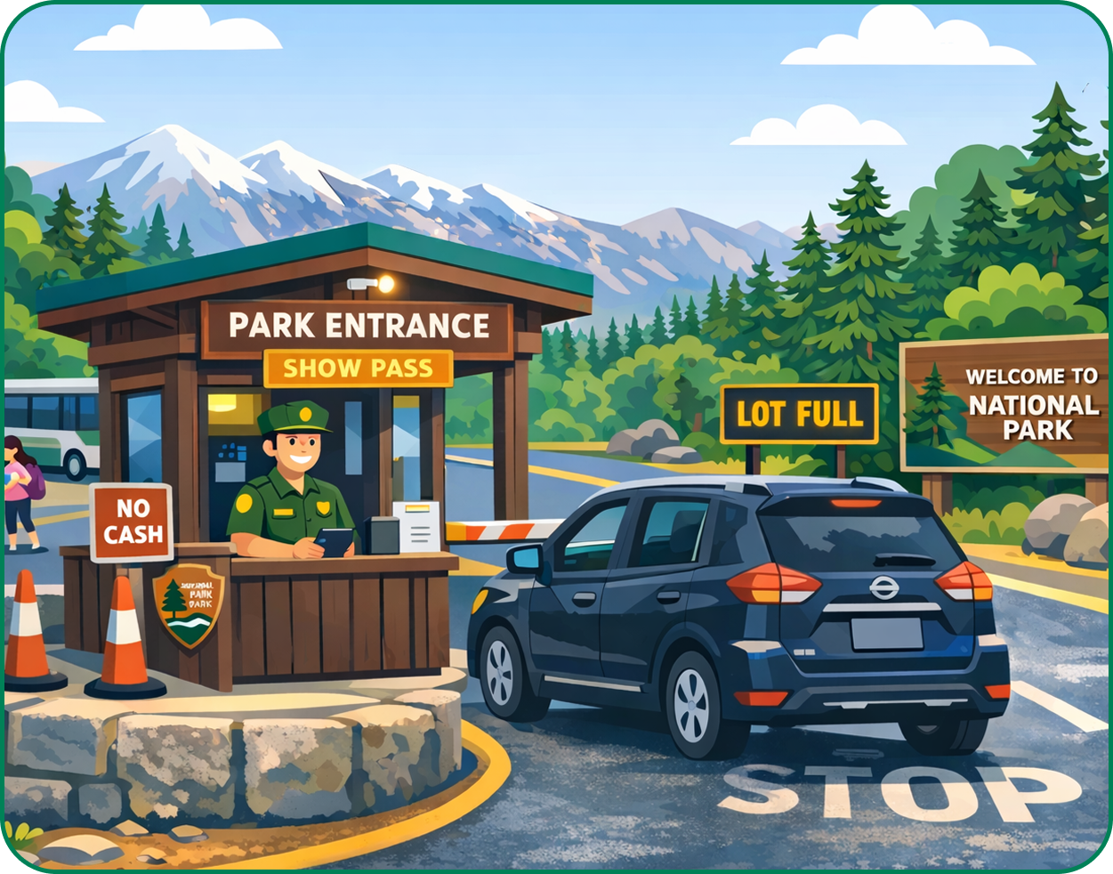 National park entrance with snowy mountains 1