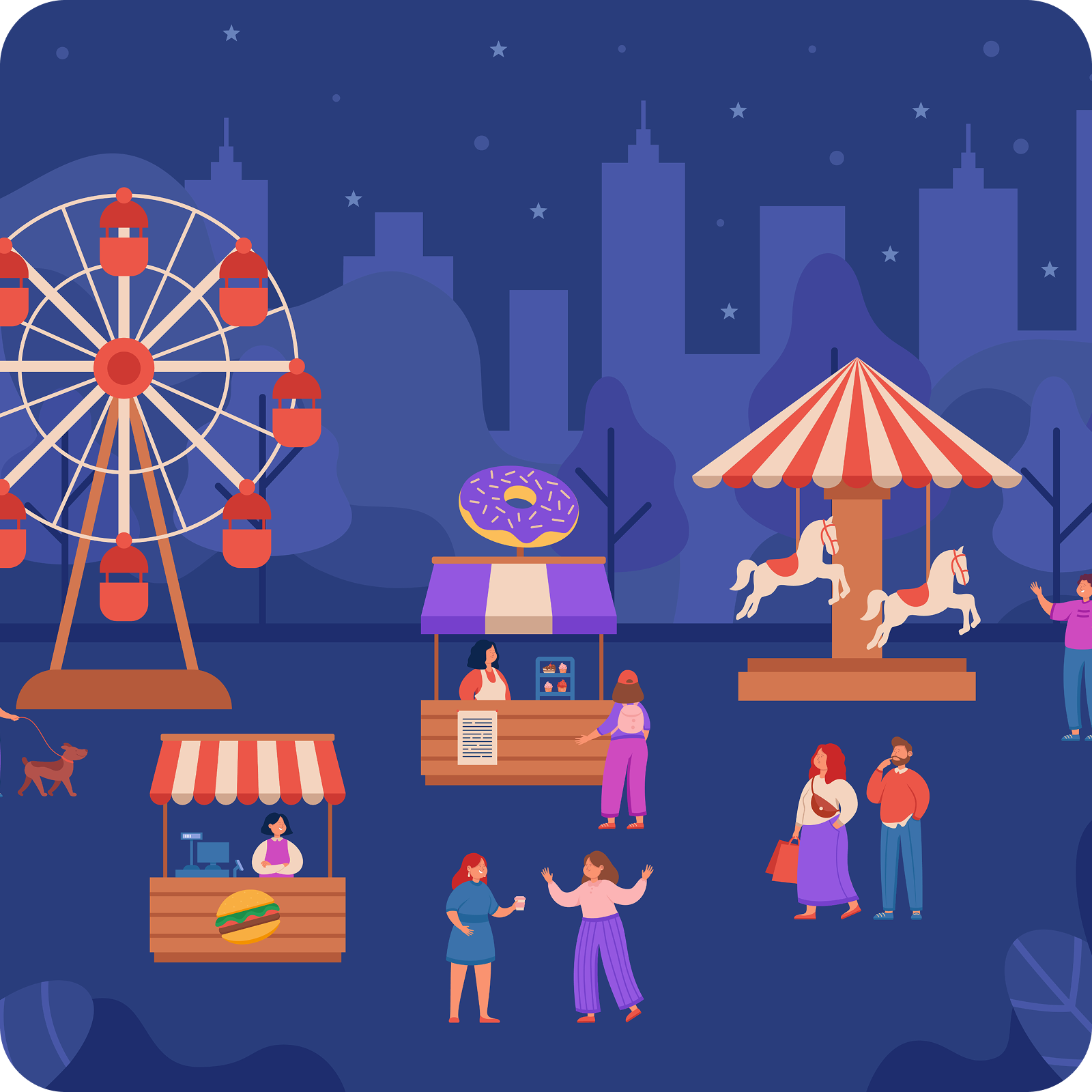 People in night amusement park flat vector illustration 1