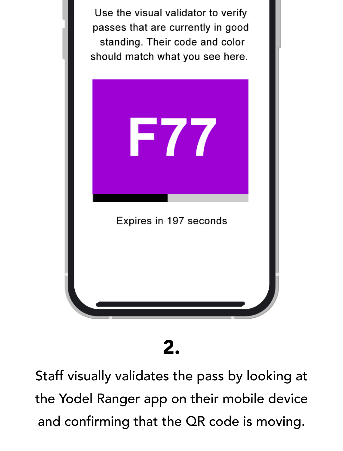 2. Staff visually validates the pass by looking at the Yodel Ranger app on their mobile device and confirming that the QR code is moving. 2. Staff visually validates the pass by looking at the Yodel Ranger app on their mobile device and confirming that the QR code is moving.