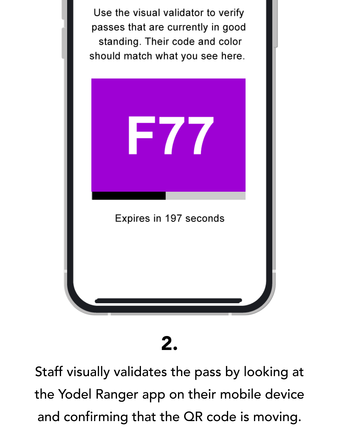 2. Staff visually validates the pass by looking at the Yodel Ranger app on their mobile device and confirming that the QR code is moving.