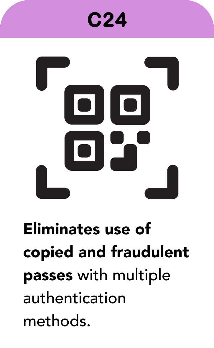 Eliminates use of copied and fraudulent passes with multiple authentication methods.