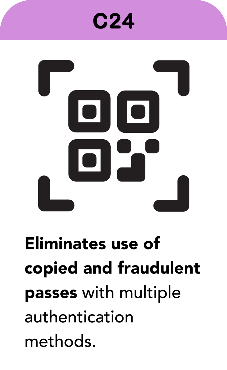 Eliminates use of copied and fraudulent passes with multiple authentication methods. Eliminates use of copied and fraudulent passes with multiple authentication methods.