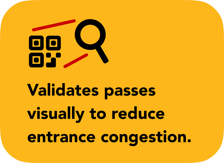 Validates passes visually to reduce entrance congestion Validates passes visually to reduce entrance congestion